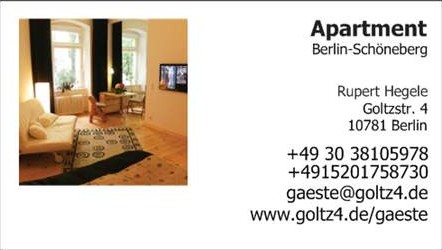 Gast, Gäste, Guest, Berlin, Apartment, B&B, Ferienwohnung, Goltzstrasse, gay, Nollendorfplatz, Motzstrasse, Schöneberg